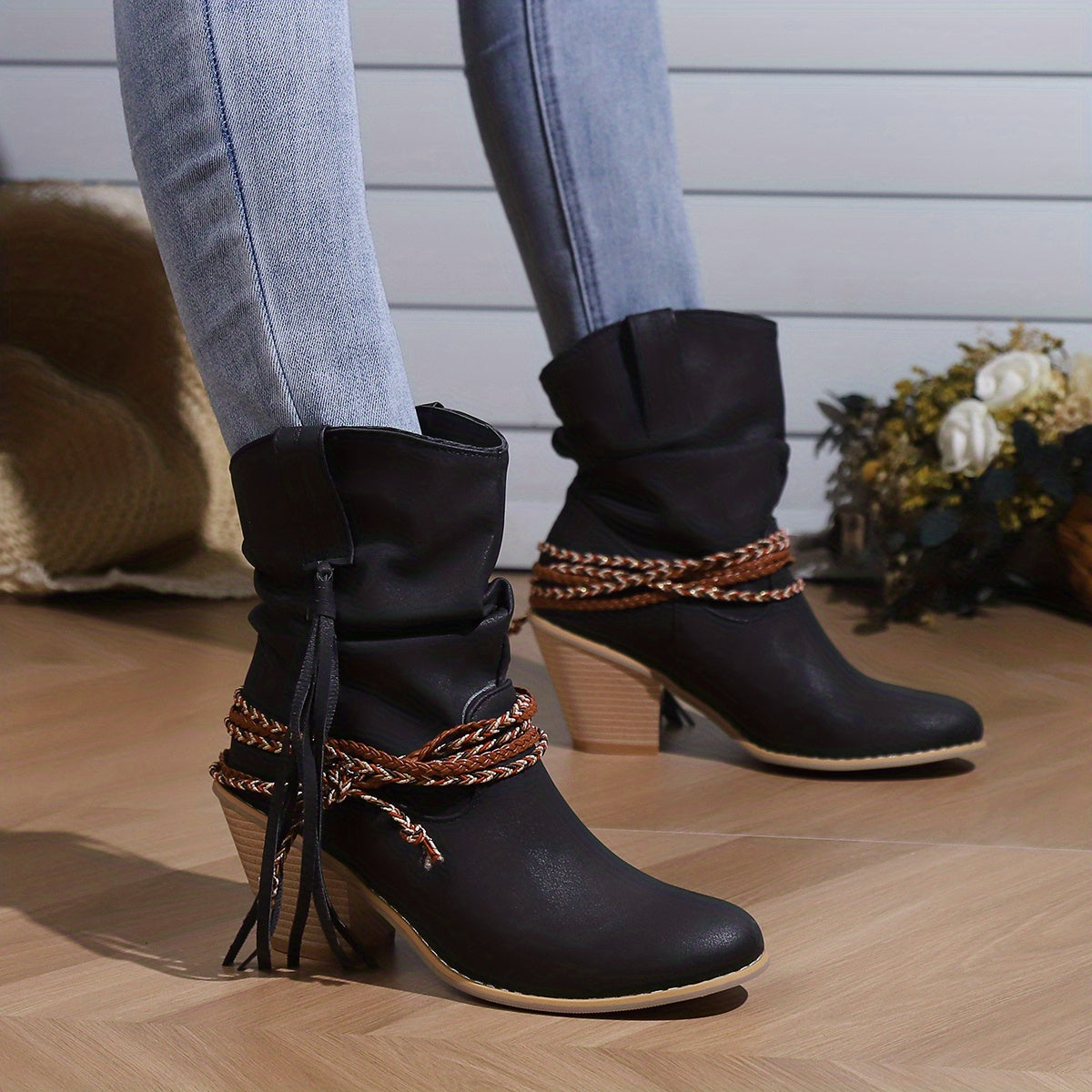 Womens Vintage-Inspired Chunky Heeled Cowboy Boots - Fashionable Tassel & Braided Band Detail, Slip-On Comfort, Soft Slouchy Texture - Retro Short Western Boots