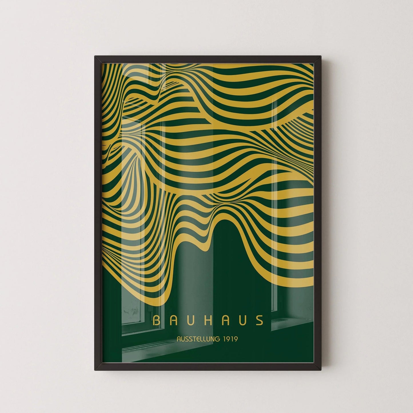 Bauhaus Ausstellung Forest Green and Gold (Waves) PRINT | Vintage Mid-century Modern Poster (Available handframed)