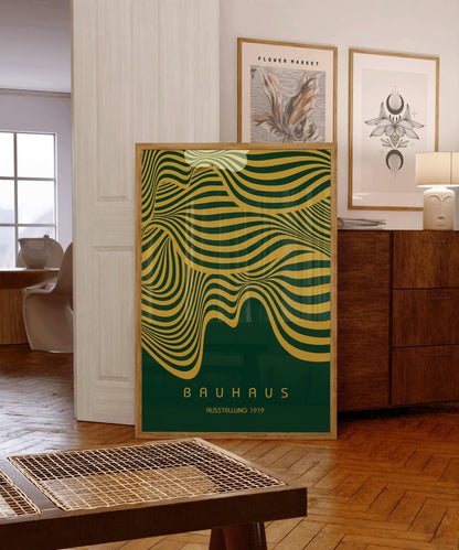 Bauhaus Ausstellung Forest Green and Gold (Waves) PRINT | Vintage Mid-century Modern Poster (Available handframed)