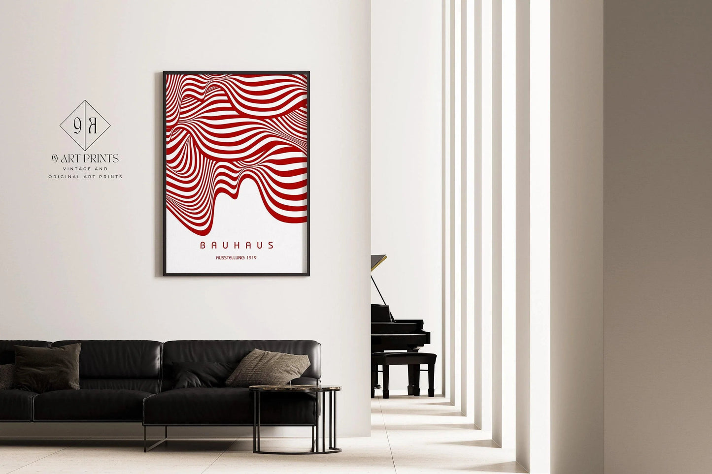 Affiche BAUHAUS Exposition Rouge et Blanc (Vagues) | Poster Rétro Mid-century Moderne (Disponible encadrée à la main ou non encadrée)