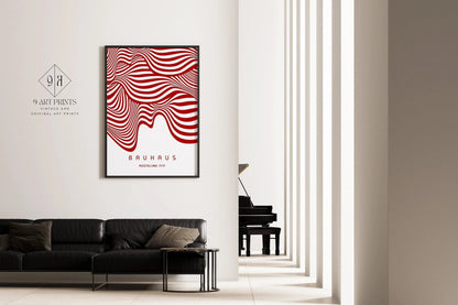 Affiche BAUHAUS Exposition Rouge et Blanc (Vagues) | Poster Rétro Mid-century Moderne (Disponible encadrée à la main ou non encadrée)