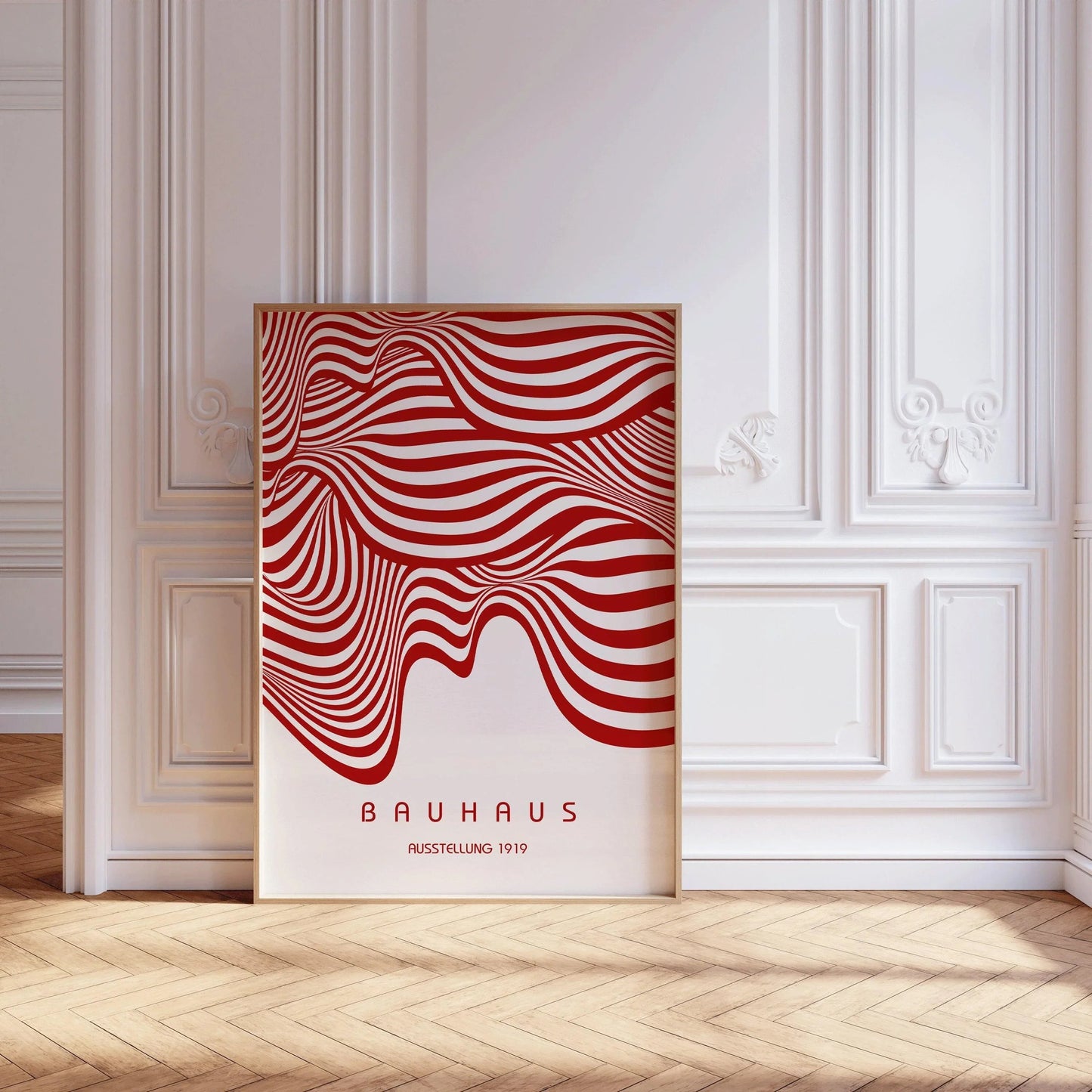 Affiche BAUHAUS Exposition Rouge et Blanc (Vagues) | Poster Rétro Mid-century Moderne (Disponible encadrée à la main ou non encadrée)