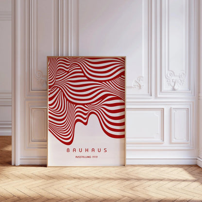 Affiche BAUHAUS Exposition Rouge et Blanc (Vagues) | Poster Rétro Mid-century Moderne (Disponible encadrée à la main ou non encadrée)