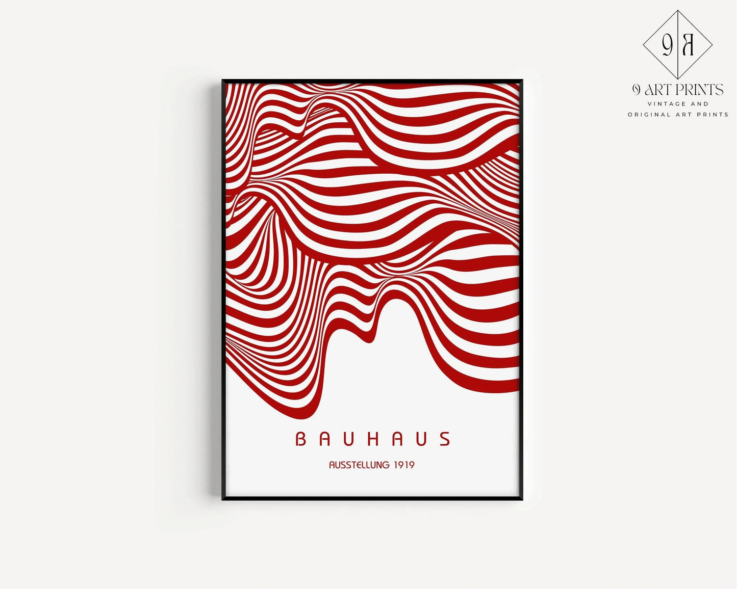Affiche BAUHAUS Exposition Rouge et Blanc (Vagues) | Poster Rétro Mid-century Moderne (Disponible encadrée à la main ou non encadrée)