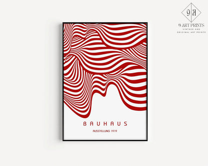 Affiche BAUHAUS Exposition Rouge et Blanc (Vagues) | Poster Rétro Mid-century Moderne (Disponible encadrée à la main ou non encadrée)