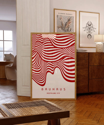 Affiche BAUHAUS Exposition Rouge et Blanc (Vagues) | Poster Rétro Mid-century Moderne (Disponible encadrée à la main ou non encadrée)