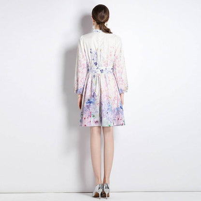 Elegant V-neck Vintage Floral Print Long Sleeves Dress Spring