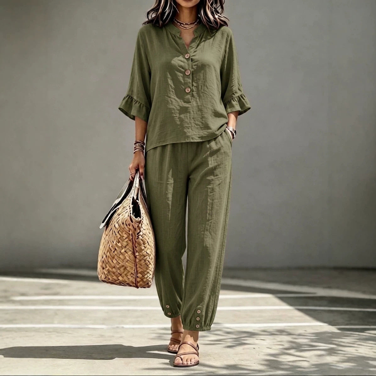 Women’s 2-Piece Casual V-Neck Top & Cropped Wide-Leg Pants Set – Retro Office Outfit