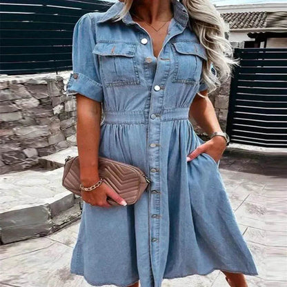 Robe patineuse mi-longue en jean bleu pour femme, coupe ajustée, à revers et boutonnée, style amincissant et élégant