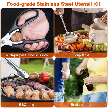 Kit d'ustensiles de cuisine de camping 19 pièces, batterie de cuisine portable de pique-nique, équipement de cuisine d'extérieur, appareils de barbecue de feu de camp avec sac de rangement
