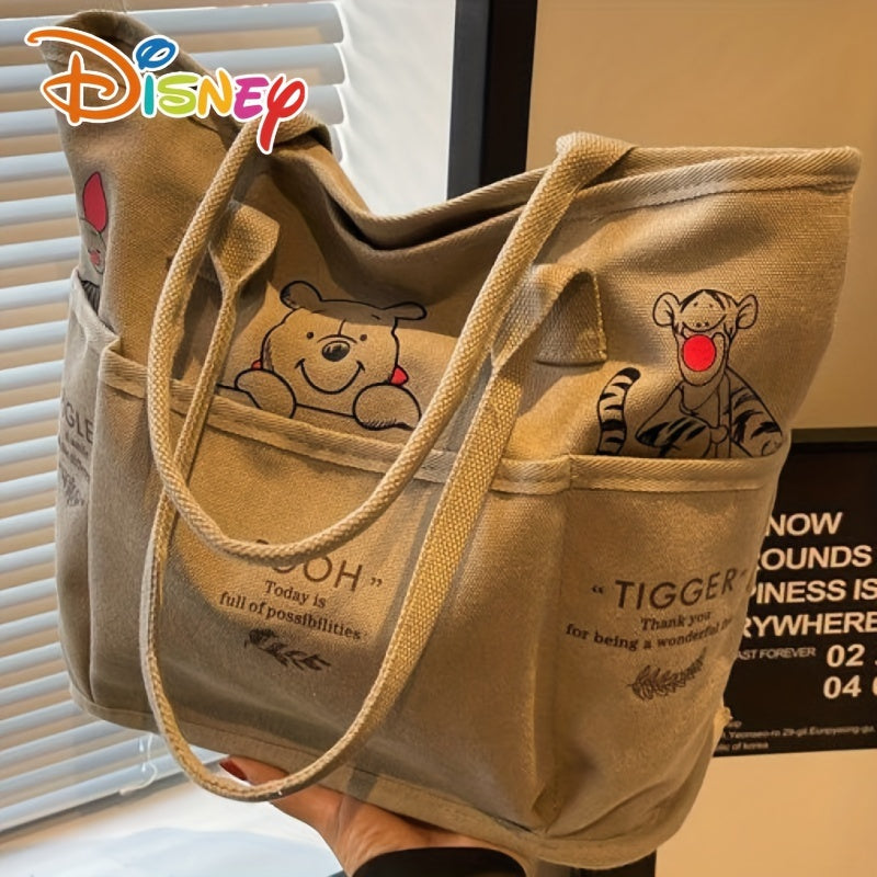 Disney Winnie The Pooh Printed Canvas Tote Bag, Vintage Single Shoulder Bag, Large Capacity Multi-Pocket Handbag Christmas/Halloween gift