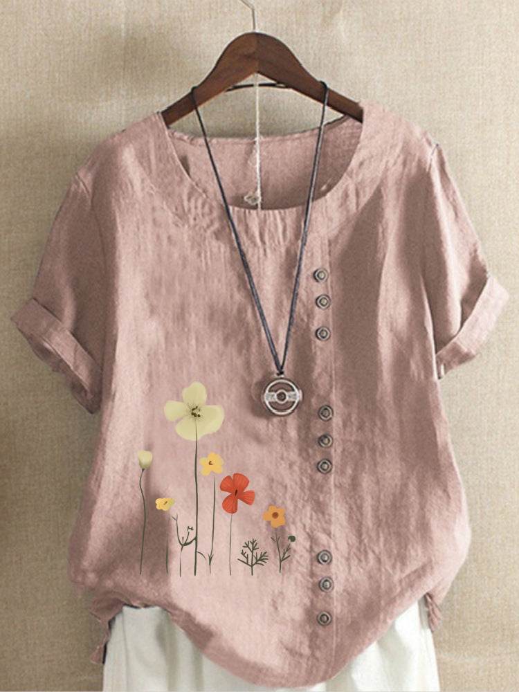 Casual Summer Beach Cotton And Linen Printed Elegant Short Sleeve blouse Top Women