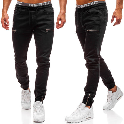 Pantalon jean homme décontracté en denim européen et américain avec fermeture éclair dépolie