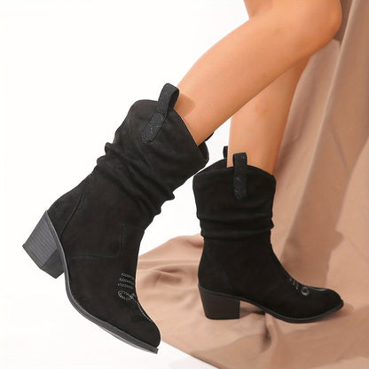 Bottes souples pour femme - Bottines rétro à talon bas - Bottes d'équitation confortables à enfiler avec talon épais pour tenue décontractée