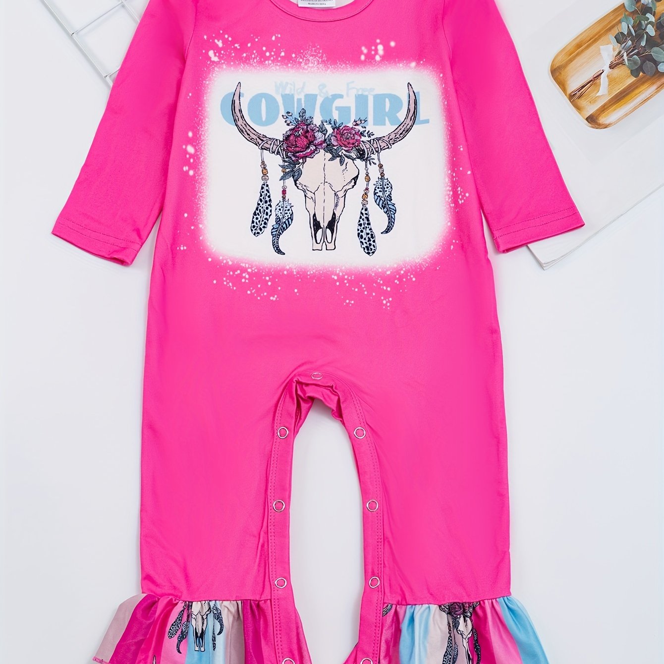 Autumn Western Cowboy Series Baby Girl's Cute Bodysuit With Leopard Cow Pattern Flower Letter...random Print