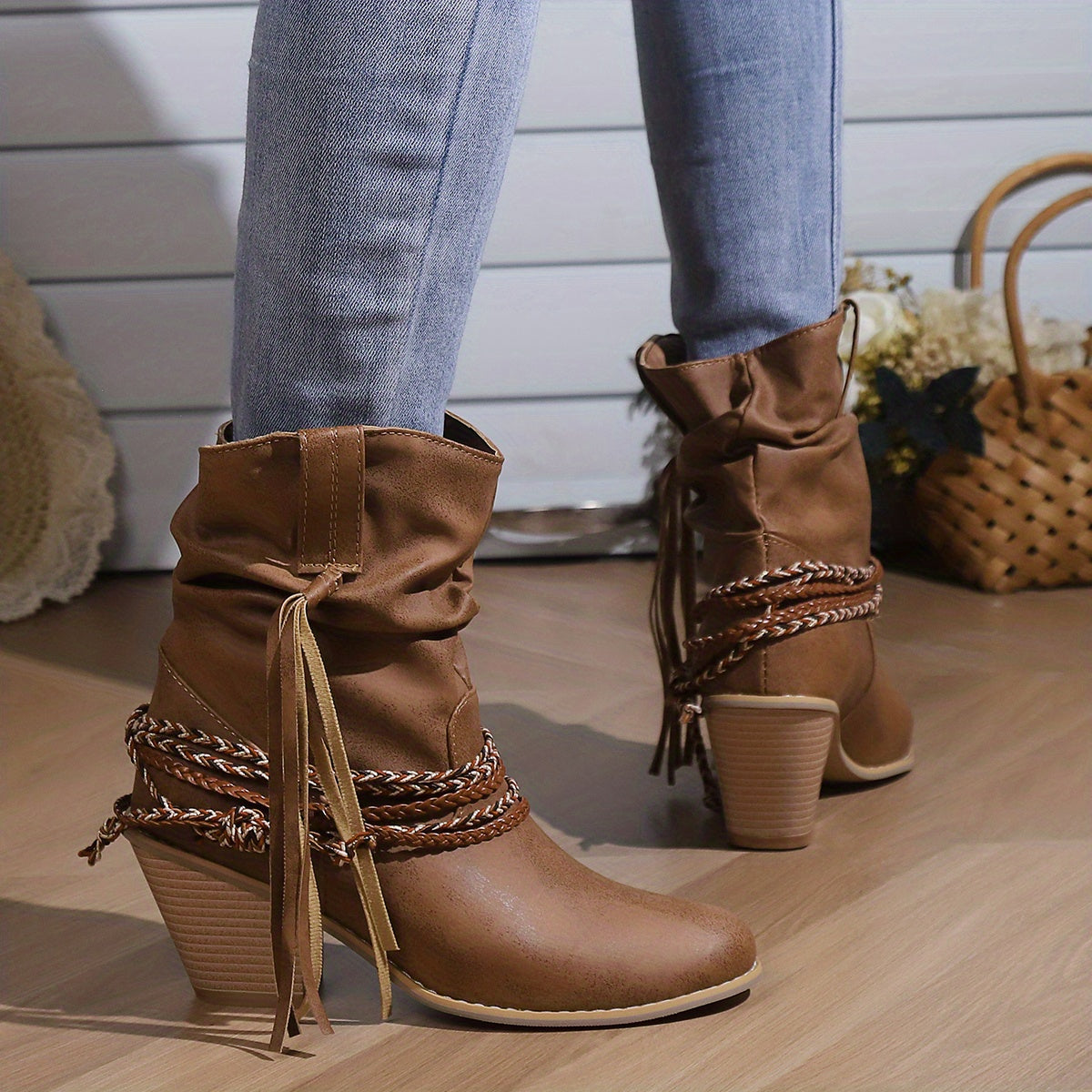 Womens Vintage-Inspired Chunky Heeled Cowboy Boots - Fashionable Tassel & Braided Band Detail, Slip-On Comfort, Soft Slouchy Texture - Retro Short Western Boots