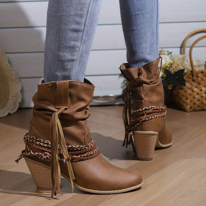 Womens Vintage-Inspired Chunky Heeled Cowboy Boots - Fashionable Tassel & Braided Band Detail, Slip-On Comfort, Soft Slouchy Texture - Retro Short Western Boots