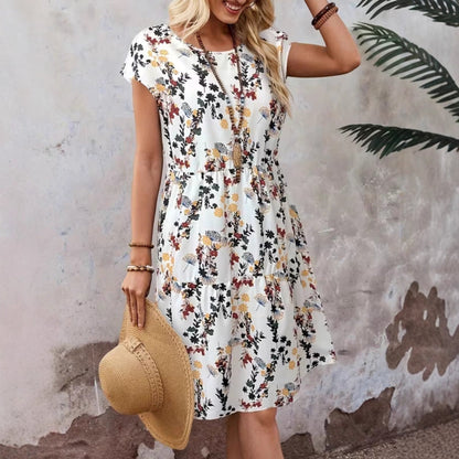 Women's Floral Print Casual Short-Sleeve Crew-Neck Dress – Japanese/Korean Casual Style