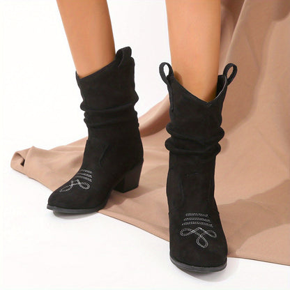 Bottes souples pour femme - Bottines rétro à talon bas - Bottes d'équitation confortables à enfiler avec talon épais pour tenue décontractée