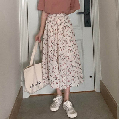 Casual Floral New Fresh High Waist Slimming Korean-style Midi A- Line Skirt