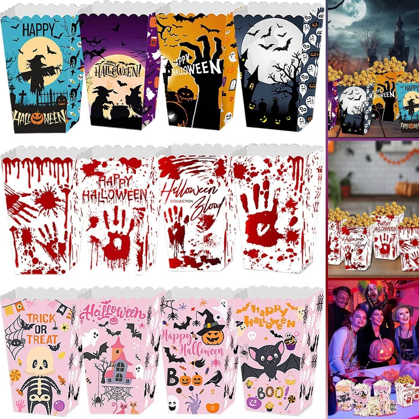 Boîte à Pop-corn d'Halloween 12 Pièces, 3 Styles, Boîte à Bonbons pour Friandises d'Halloween, Motif Sang, Fantôme, Château, Chauve-souris, Conteneur à Bonbons et Biscuits pour Fêtes d'Halloween