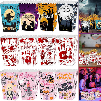 Boîte à Pop-corn d'Halloween 12 Pièces, 3 Styles, Boîte à Bonbons pour Friandises d'Halloween, Motif Sang, Fantôme, Château, Chauve-souris, Conteneur à Bonbons et Biscuits pour Fêtes d'Halloween