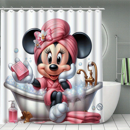 Disney Mickey and Minnie Mouse 4-Piece Shower Curtain Set with 12 Hooks - Waterproof Shower Curtain, Non-Slip Bath Mat, Toilet Seat Cover, and U-Shaped Rug - Machine Washable Bathroom Cartoon Decoration Set