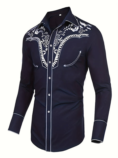Western Cowboy Chic Long Sleeve Embroidered Shirt - Soft Cotton Blend, Elegant Design, Casual Style for Spring Fall Vacation Resort Wear - Men's Shirt for Outdoor Activities, Travel, and Leisure