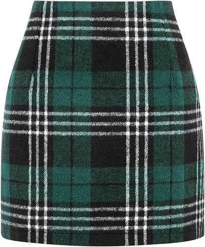Women's High Waist Plaid Tight Pencil Wool Mini Skirt