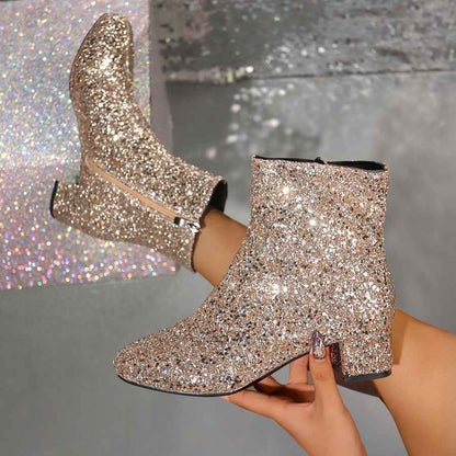 Women's Fashion Chunky Heel Boots – Cozy Faux Fur Detail Slip-On Shoes