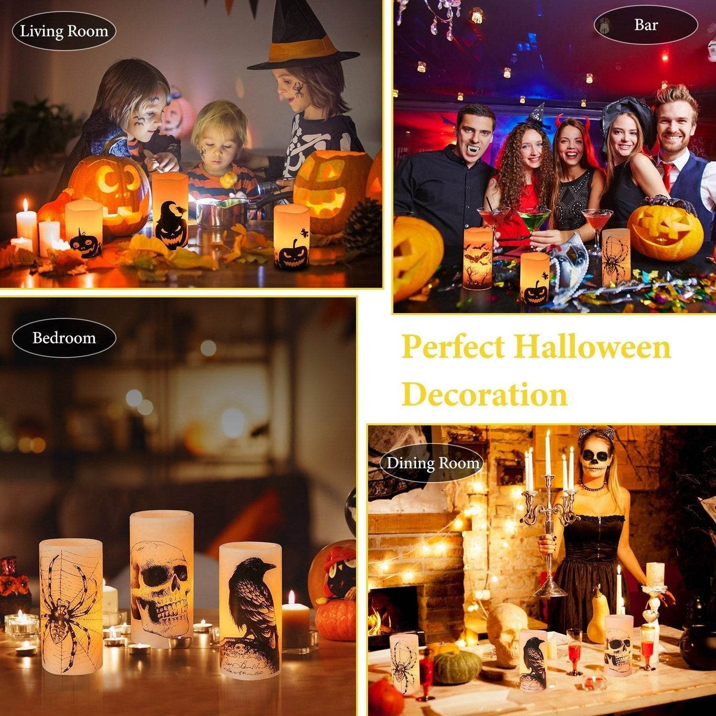 Lot de 3 bougies sans flamme d'Halloween avec minuterie, fonctionnant sur piles, lumières orange chaudes pour la décoration de fête d'Halloween.