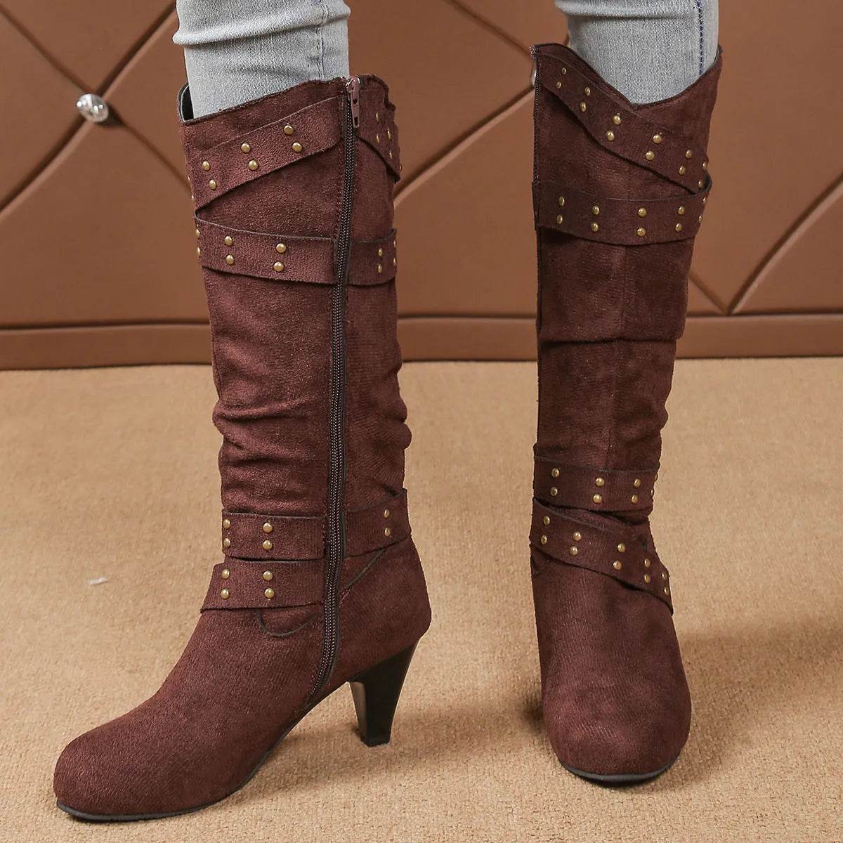 Bottes à talons hauts mode avec lanières croisées et rivets, bottes de cowboy western rétro en V, chaussures décontractées à fermeture éclair pour femmes