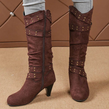 Bottes à talons hauts mode avec lanières croisées et rivets, bottes de cowboy western rétro en V, chaussures décontractées à fermeture éclair pour femmes