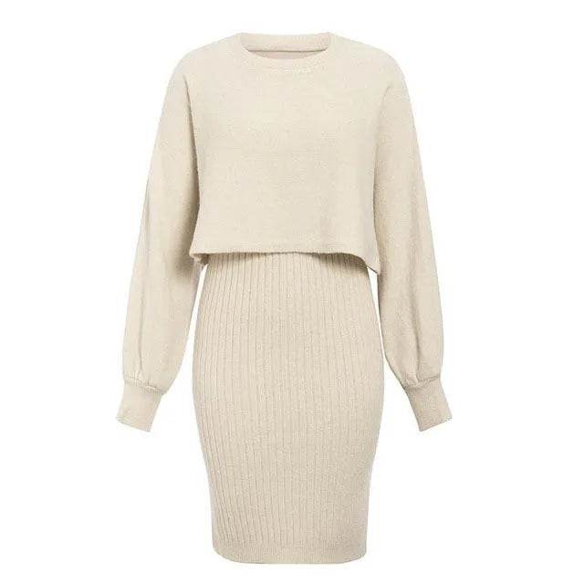 Women 2pcs Winter Outfit Cashmere dress Cropped Pullover top