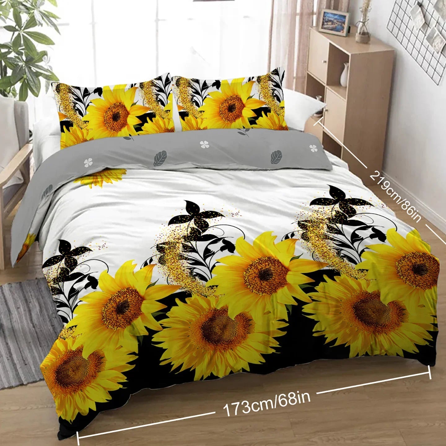 Parure de lit 3 pièces imprimé tournesol noir et blanc Housse de couette et taies d'oreiller Fleur jaune Parure de lit en polyester pour adultes Décoration de chambre à coucher Taille Twin Full Queen King