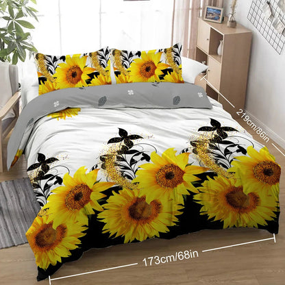 Parure de lit 3 pièces imprimé tournesol noir et blanc Housse de couette et taies d'oreiller Fleur jaune Parure de lit en polyester pour adultes Décoration de chambre à coucher Taille Twin Full Queen King