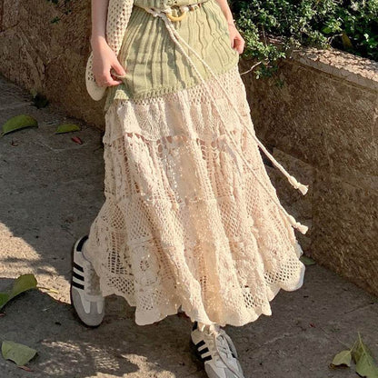 Retro Vacation Style Crocheted Hollow Beige Maxi Skirt