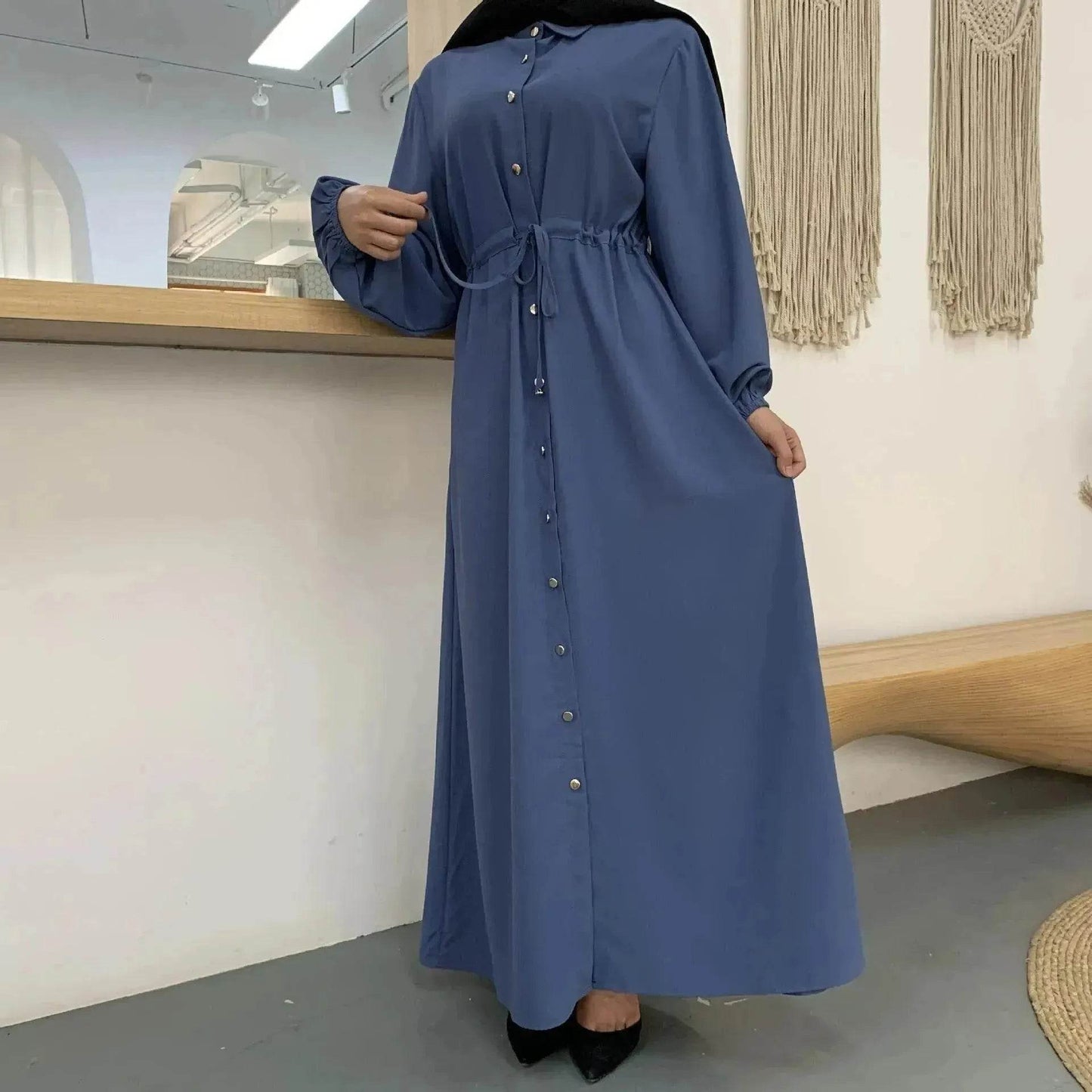 Beautiful Solid Color Full Button down Abaya Dress for Arabian Dubai Turkey Middle East Women