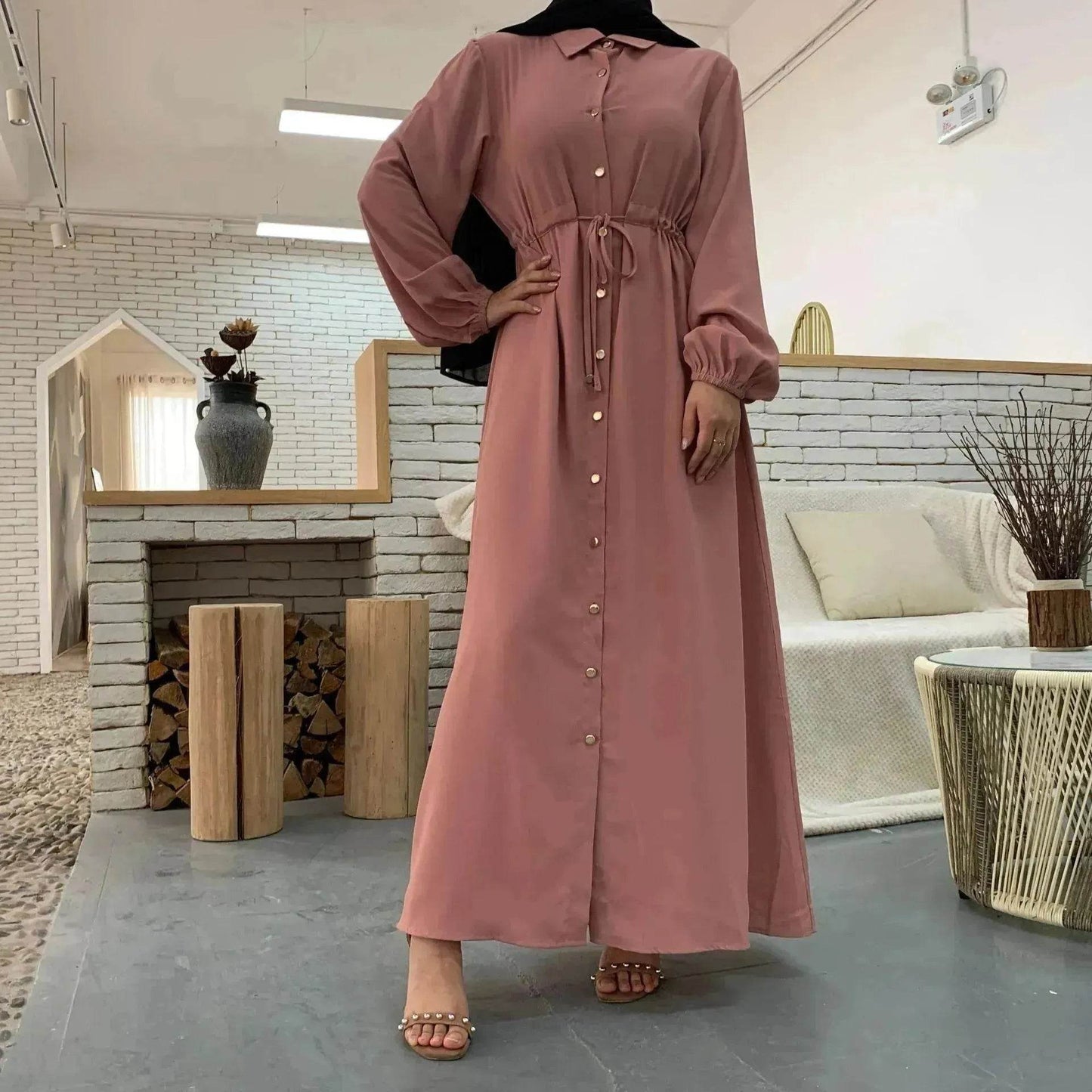 Beautiful Solid Color Full Button down Abaya Dress for Arabian Dubai Turkey Middle East Women