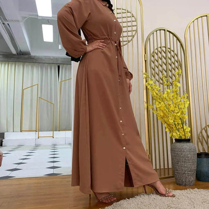 Beautiful Solid Color Full Button down Abaya Dress for Arabian Dubai Turkey Middle East Women