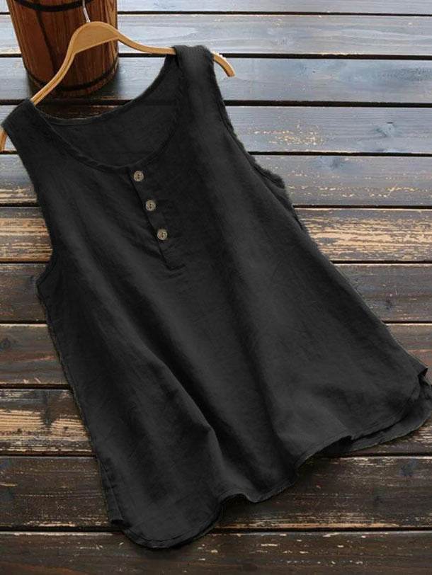 Solid Color Round Neck Loose Casual Vest Cotton Linen summer blouse top for Women