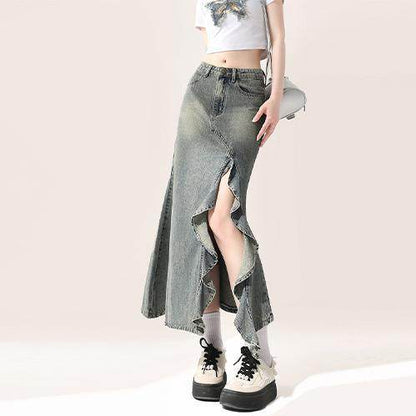Irregular Half-length Split Denim long Skirt