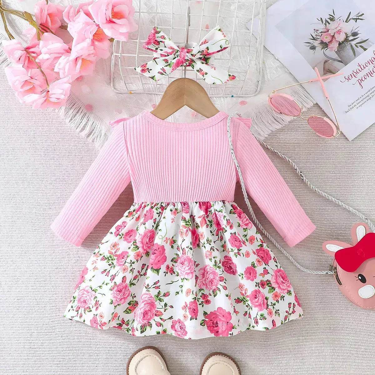 Ensemble robe-salopette et bandeau imprimé floral pour bébé fille, tenue d'extérieur pour bébés filles avec nœud papillon, robe rose pour bébé fille