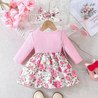 Ensemble robe-salopette et bandeau imprimé floral pour bébé fille, tenue d'extérieur pour bébés filles avec nœud papillon, robe rose pour bébé fille