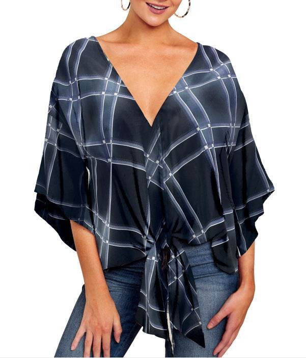 Nouvelle Blouse Col V Femme Imprimé Léopard Floral Noué Devant Chauve-souris Été Surtailles Blouses Dames