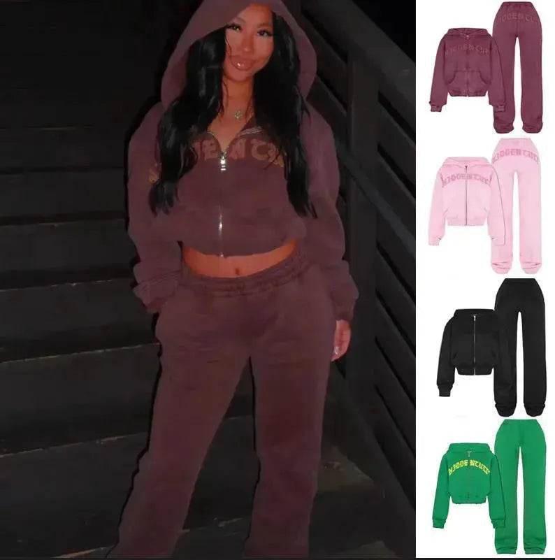 Ensemble de survêtement Ins Letter : Haut court à capuche zippé et pantalon de jogging pour femme – Vêtements de sport deux pièces tendance