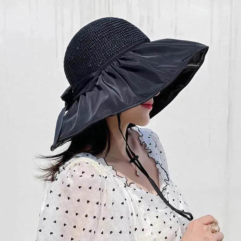 Black Rubber Beach Hat Sun Hat Female Summer Hollow Straw Hat