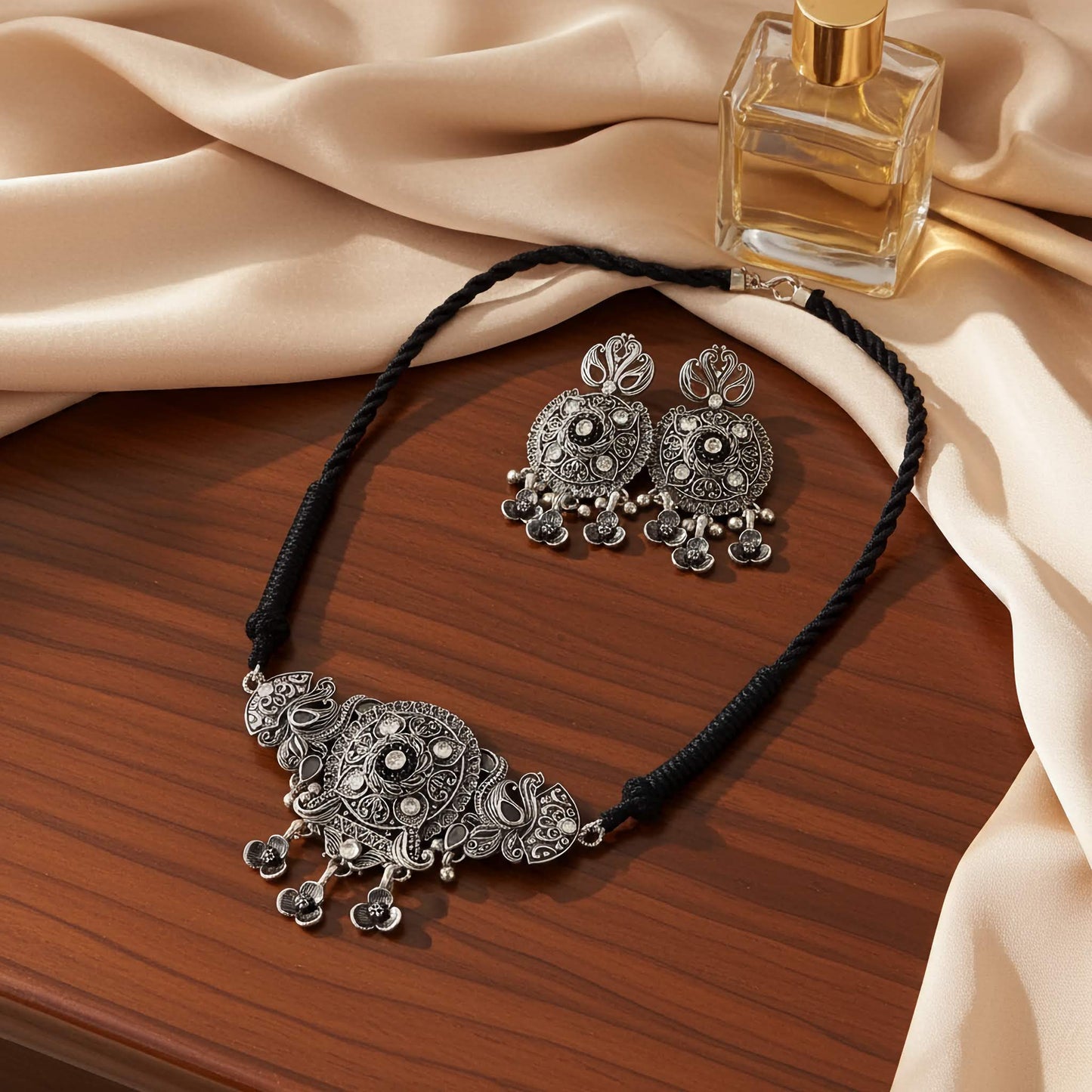 Bohemian Oxidized Choker with Black Flower Charms - Gift for Her
