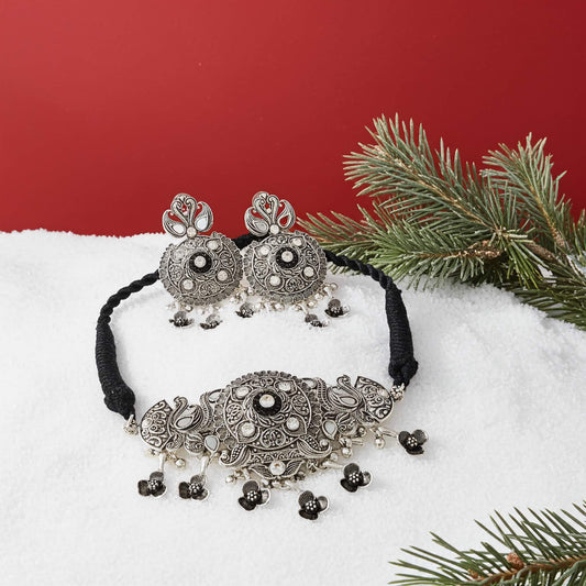 Bohemian Oxidized Choker with Black Flower Charms - Gift for Her