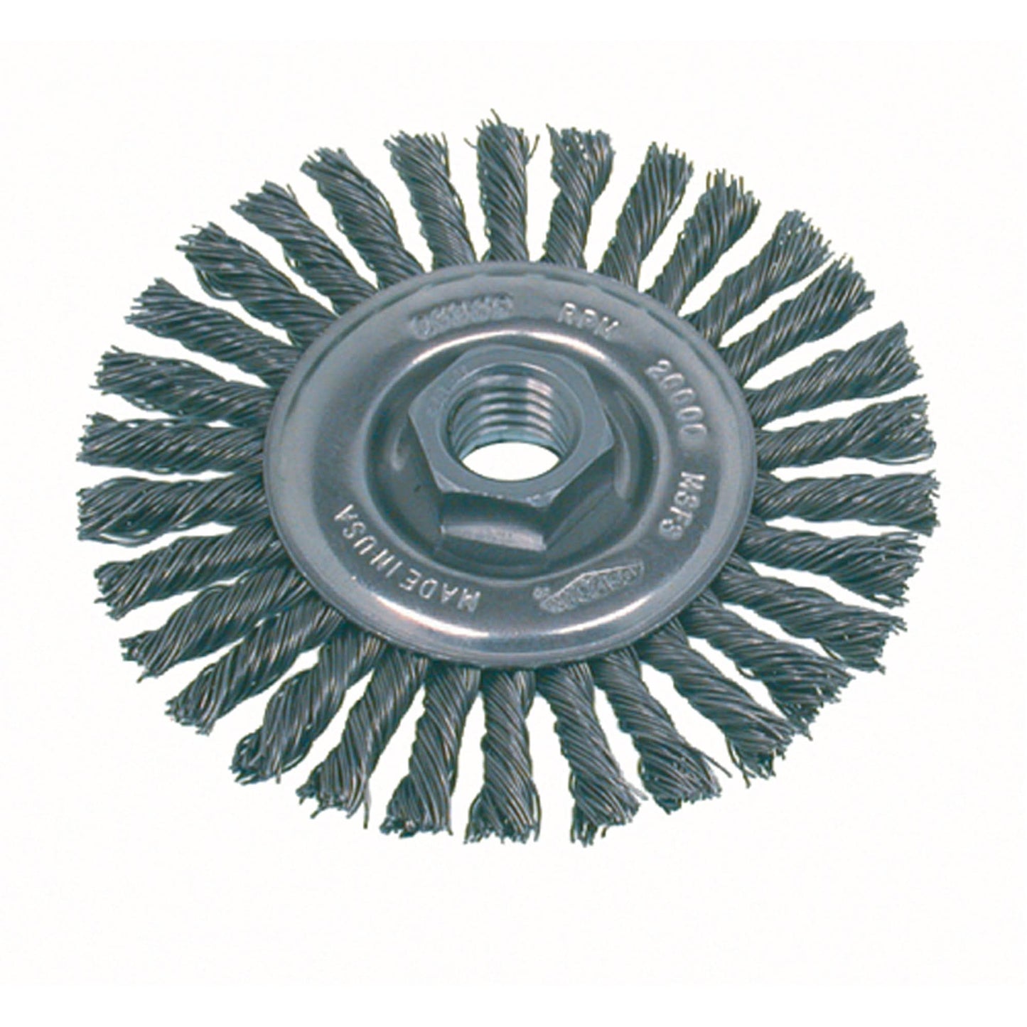 Brosse métallique torsadée à nœuds pour petite meuleuse à grande vitesse, diamètre 4", fil 0,02", alésage 5/8"-11, acier inoxydable